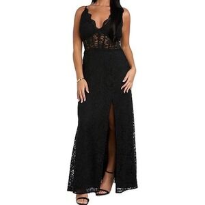 Morgan & Co Black Glitter Lace Corset Gown Maxi Dress Size 3 Slit Formal